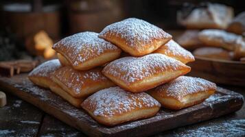 Stack of square-shaped beignets dusted with powdered sugar. photo