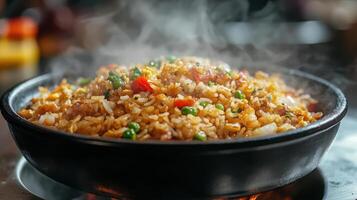 A steaming hot bowl of fried rice with vegetables photo