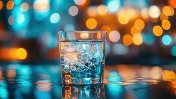 A glass of water with ice on a reflective surface photo