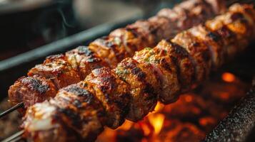 Skewers of meat being grilled on a spit. photo