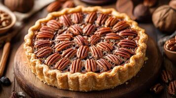 A pecan pie on a wooden table with pecans around it. photo