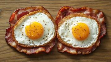 Bacon wrapped around fried eggs on a plate photo