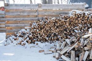 A large pile of wooden logs is resting on the snowcovered ground right in front of a sturdy wooden fence that stands tall amidst a winter landscape. Its a chilly, freezing scene photo