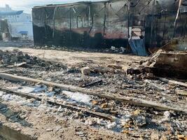 The Devastating Aftermath of a Fire Witness the Charred Remains and Scorched Earth Left Behind at a Burnt Structure, highlighting the complete destruction and loss photo