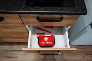 In a kitchen drawer, one might find a wellorganized first aid kit, which is essential for any household. It is important to have such kits readily available for emergencies photo