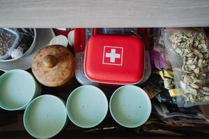 Organized Storage A Visual Perspective of a Perfectly Neatly Arranged Drawer Showcasing Essential Kitchen Items Along with a Comprehensive First Aid Kit for Health Needs photo
