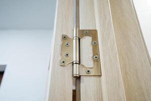 This image features a detailed closeup of a door hinge on a beautifully crafted wooden door, showcasing its intricate design and craftsmanship, embodying both functionality and style photo