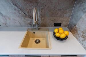 A kitchen sink is positioned prominently within the space, accompanied by a stylish bowl filled with bright, yellow lemons that is placed on the countertop nearby, adding a cheerful touch photo