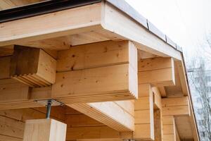 This is a detailed closeup view of a beautifully crafted wooden structure that features a welldesigned roof, showcasing the intricate details and grains of the wood used photo