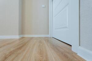 A vast empty room with a polished wooden floor and a solitary white door creates a captivating minimalist aesthetic, highlighting the natural beauty of the materials used photo