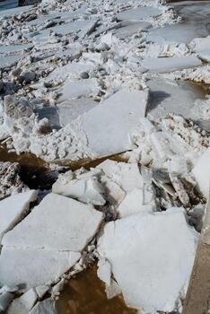 A substantial and impressive pile of ice is elegantly floating atop the serene and calm surface of a vast body of water, creating a striking visual contrast with the liquid water below it photo