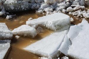 A sizable pile of ice is currently resting in a small puddle of water, creating a striking contrast between the solid ice and the liquid water around it, enhancing the winter scenery photo