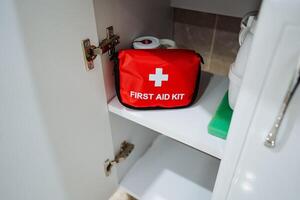 A wellstocked first aid kit is conveniently stored in a bathroom cabinet, making sure it is always ready for immediate use in any unexpected medical emergencies that may arise photo