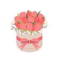 Elegant bouquet of tulips in round box with bow. Spring flowers in beautiful wrapping paper. Flat illustration isolated on white background. vector