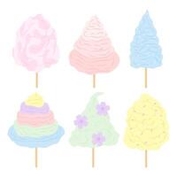 Candyfloss. Sweet sugar dessert. Takeaway. Park, lunapark, circus. Set flat illustrations in coloured cotton candy with different topping. vector