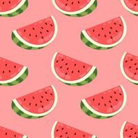 Seamless pattern half ripe watermelon on red background. Perfect for summer themed designs and textiles. vector