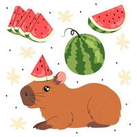 Funny capybara with watermelon slice on head. Kawaii herbivorous rodent. Ripe summer fruit. Set flat illustrations ripe watermelon slices. vector
