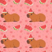 Cute seamless pattern with capybaras and ripe watermelons on red background. Fun and playful design for summer themed projects. vector