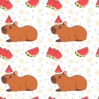 Cute seamless pattern with capybaras and ripe watermelons on white background. Fun and playful design for summer themed projects. vector