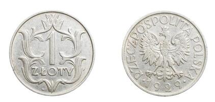 one Polish zloty coin on a white isolated background photo