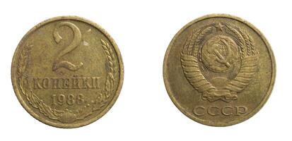 two cccp kopecks coin on a white isolated. photo