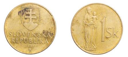 one slovak koruna coin on white isolated photo