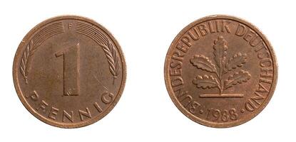 Germany one pfennig coin on a white isolated background photo