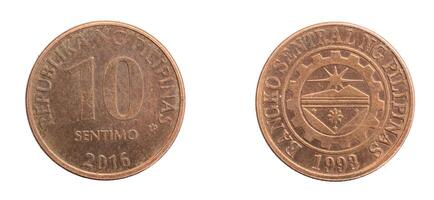 Philippines ten setimo coin on white isolated background photo