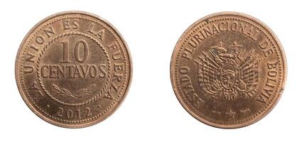 Bolivia ten centavos coin on white isolated background photo