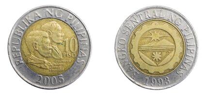 Philippines ten piso coin on white isolated background photo
