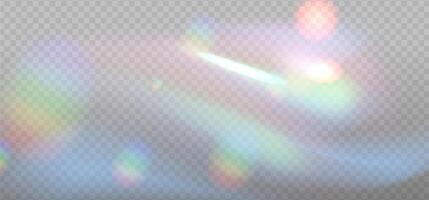 Iridescent crystal leak glare reflection effect. Optical wavy rainbow ray lights, glare, leak, streak overlay. colorful lenses and light flares with transparent effects on light background. vector