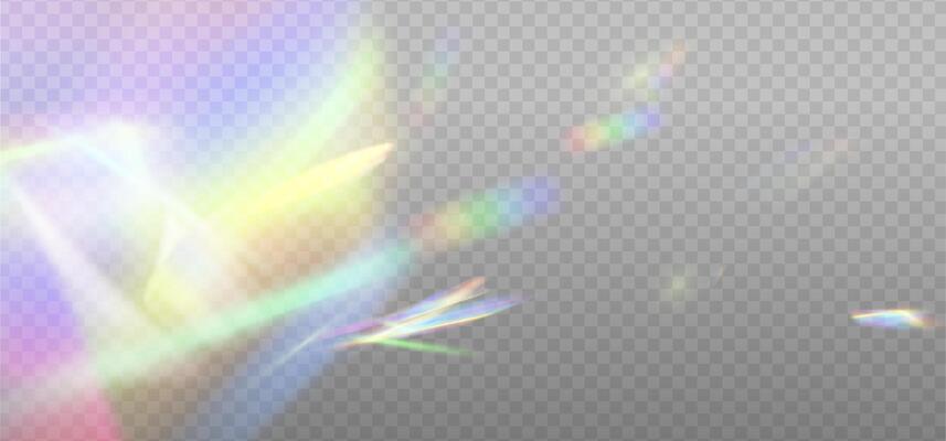 Rainbow dispersion highlights overlay template on a light background. Holographic Glare or reflection from water and glass. Glittering particles for social media backgrounds, photo shots. eps10