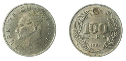 Turkey 100 lira coin on a white isolated background photo