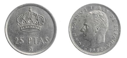 Spain twenty five ptas coin on white isolated background photo