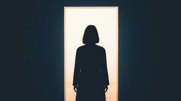 Mysterious silhouette standing in doorway minimalistic space human figure dark background contemplative mood photo