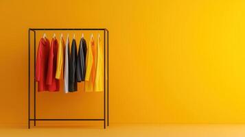 Vibrant fashion display studio space image collection yellow background eye-level view trendy concept photo