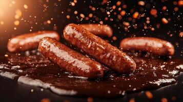 Grilled sausages in rich sauce background culinary delight studio shot dark environment close-up view photo