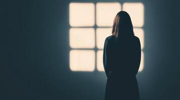 Solitary reflection in dimly lit room emotional background person contemplating dark environment rear view photo