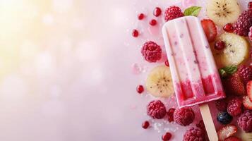 Delicious frozen fruit popsicles with raspberries and bananas bright background food photography vibrant colors photo