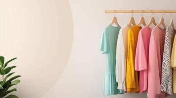 Fashion display of colorful dresses on hangers minimalist room background lifestyle photography modern aesthetic photo