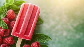Refreshing raspberry popsicle outdoor scene food photography mint background vibrant colors summer delight photo
