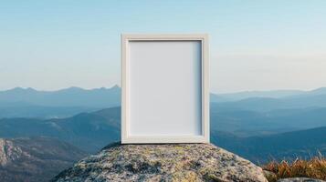 Creative blank canvas display on scenic mountain peak background nature landscape minimalist art concept photo
