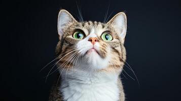 Curious cat gazing upwards studio background pet photography indoor setting close-up viewpoint whimsical concept photo