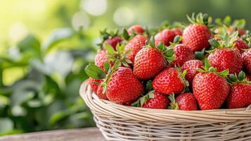 Fresh strawberries in a basket outdoor market background nature photography bright green environment photo