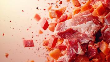 Dynamic meat explosion kitchen food photography culinary environment high angle vibrant background photo