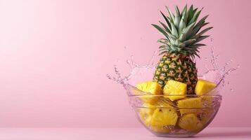 Fresh pineapple splashing in bowl kitchen counter food photography pink background vibrant concept photo