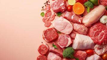 Fresh meat and vegetables display clean background food photography culinary inspiration aesthetic arrangement photo