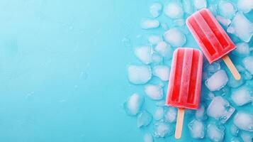 Refreshing summer treats colorful popsicles on ice cool blue background food photography bright atmosphere photo