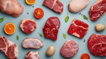 Fresh meat selection on blue background culinary preparations food photography studio setting top-down view gastronomic concept photo