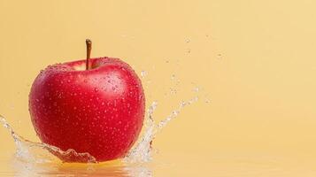 Apple splashing into water crisp visuals bright yellow backdrop freshness concept photo